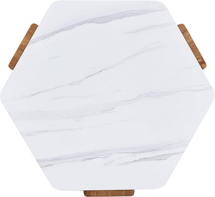 Stylish Hexagonal Coffee Table, White Marble Top, Wooden Legs