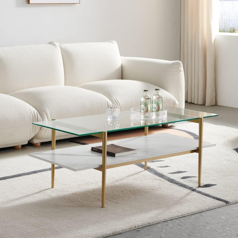 Elegant Glass Coffee Table, Double Layer Design, Gold Frame