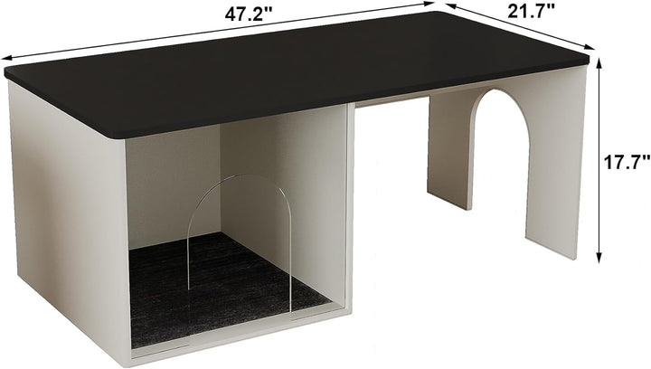 Farmhouse Coffee Table, Wooden Modern Cocktail Table with Cat House, White & Black