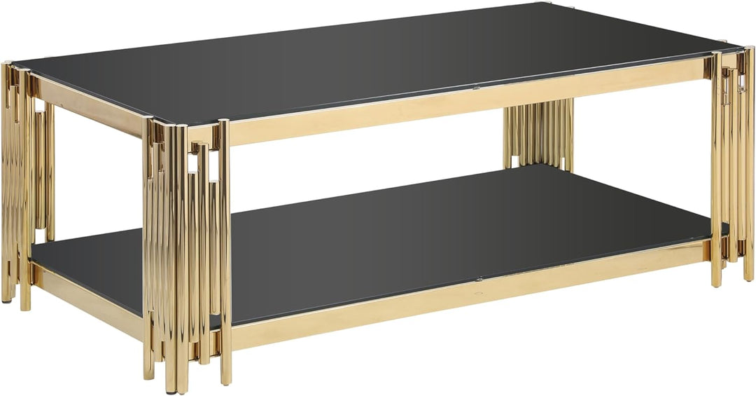 Elegant Gold Glass Coffee Table with Black Tempered Glass Top, Black3