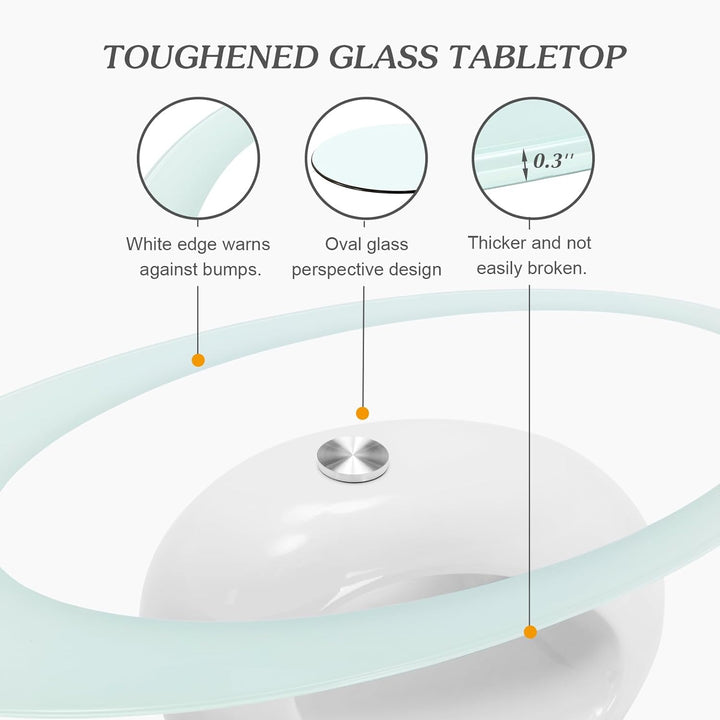 Contemporary Glass Coffee Table, Oval Tempered Glass Top, White