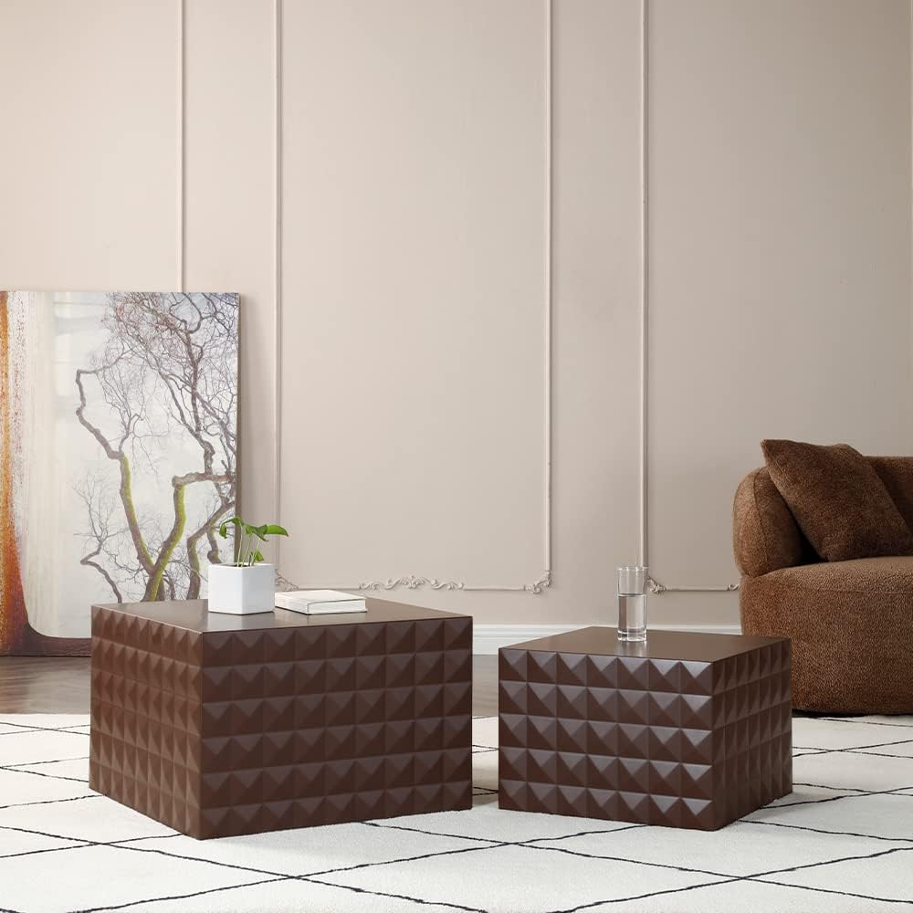 Modern Nesting Coffee Table Set, Luxury Square End Table Set, Wood Circle Drum Side Table, Brown