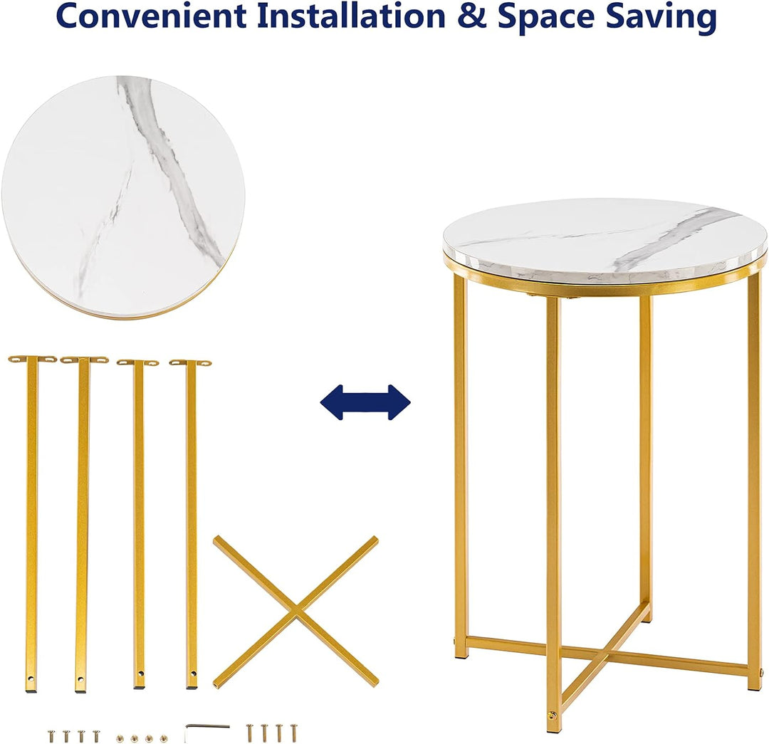 Round End Table, Faux Marble Sofa Table, Accent Side Table with Metal Frame