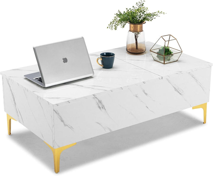 COSVALVE Lift Top Coffee Table, Modern Extendable Pull Up Center Table with Storage, White Marble