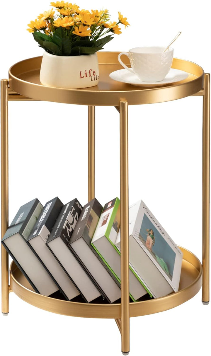 2 Tier Gold Side Table, Folding Round Metal End Table