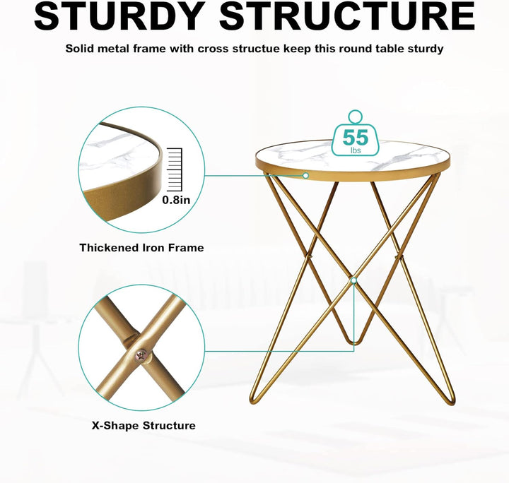 Modern Round Side Table, White Marble&gold Top, Gold