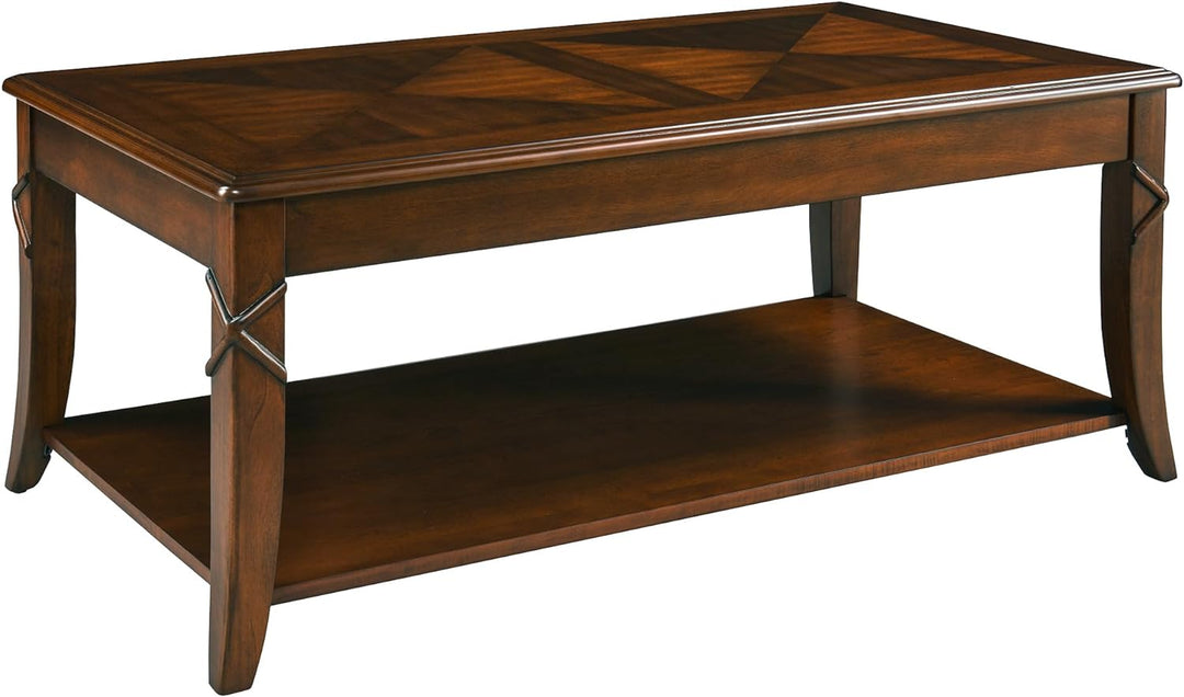 Solid Wood Coffee Table with Storage Shelf, Mid-Century Design, Cherry Brown