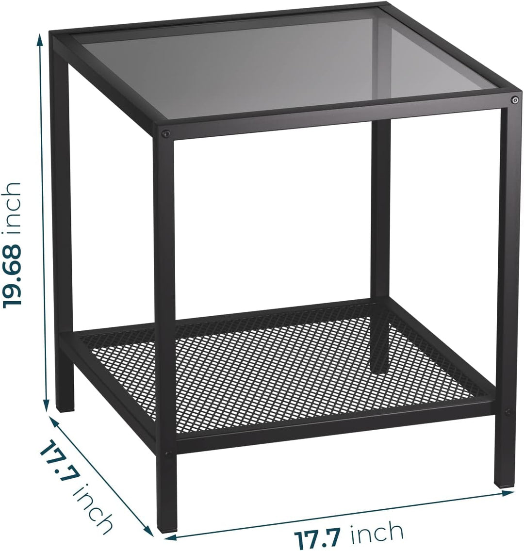 Small Glass End Table with Mesh Shelf, Modern Nightstand, Grey Black