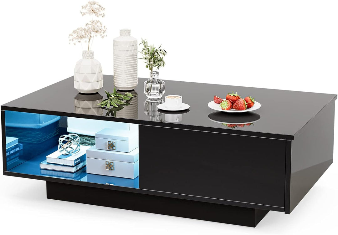 Modern High Glossy Coffee Table with LED Lighting, Black