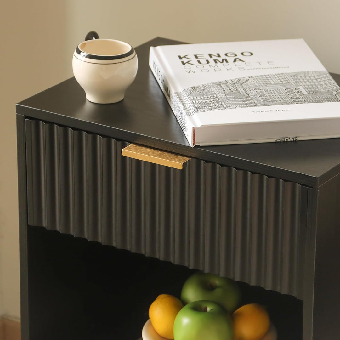 Black Fluted Nightstand, Modern Bedside Table