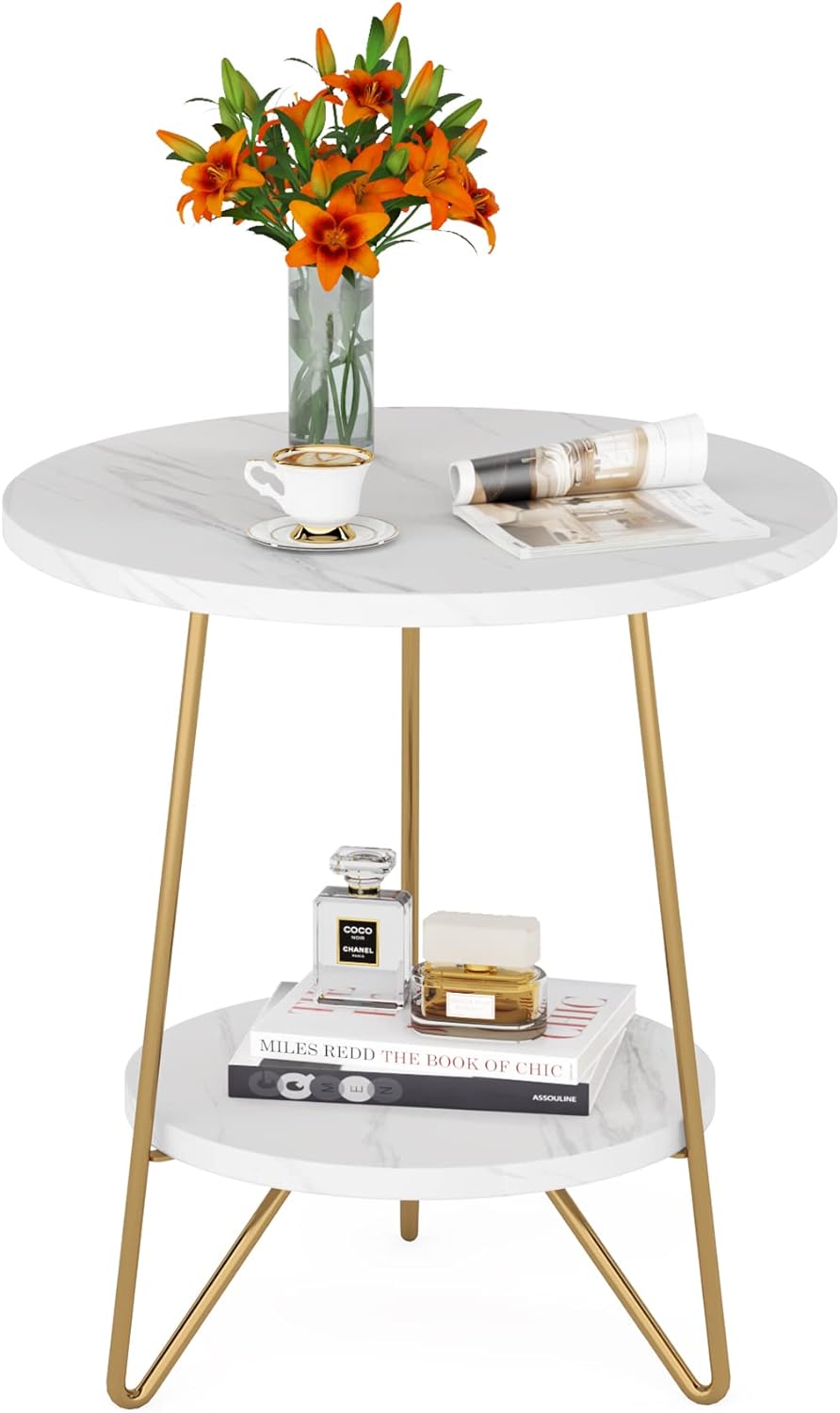 2 Tier Faux Marble End Table, White Gold