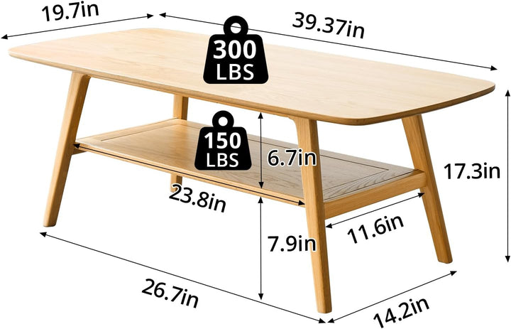 High-End Solid Wood Coffee Table with Storage Shelf, 2-Tier