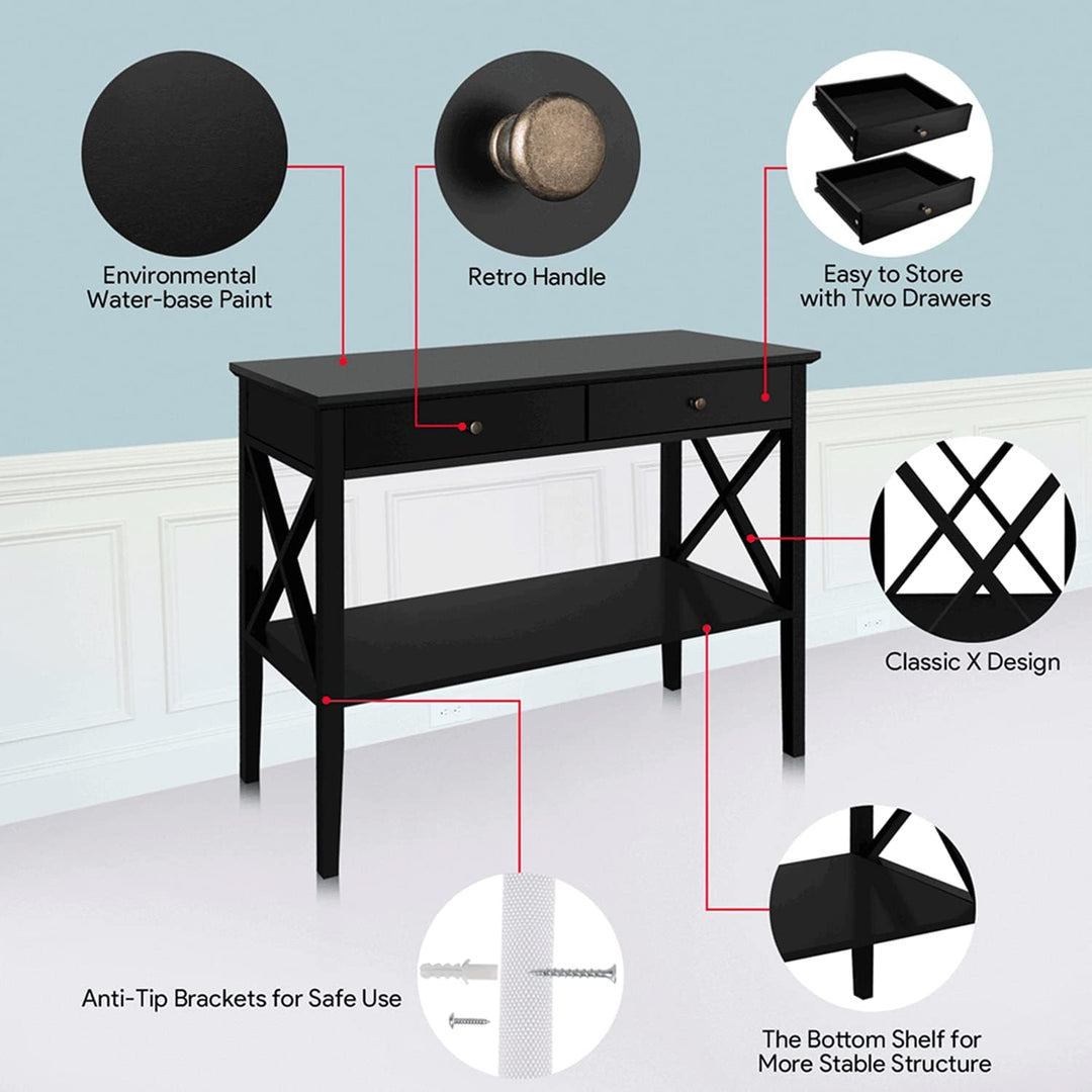 Console Table with Drawers, Narrow Wood Accent