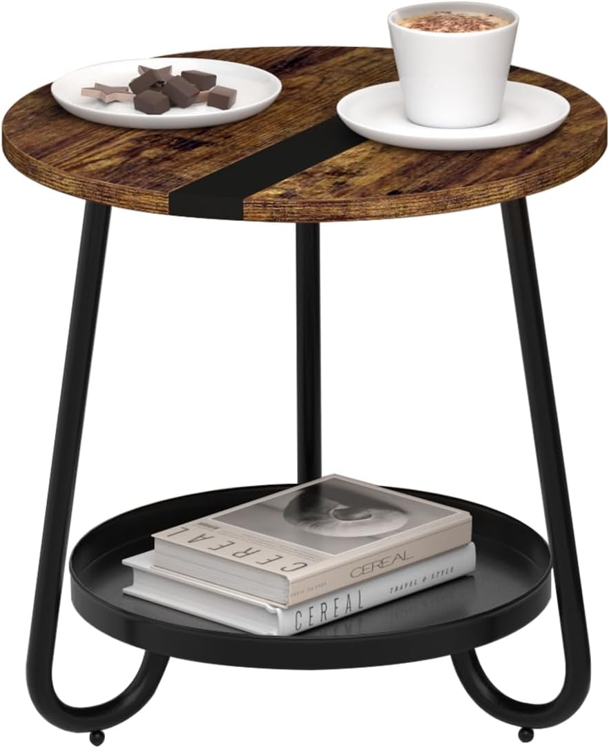 Versatile Industrial-Style Round End Table with Metal Tray, Rustic Brown