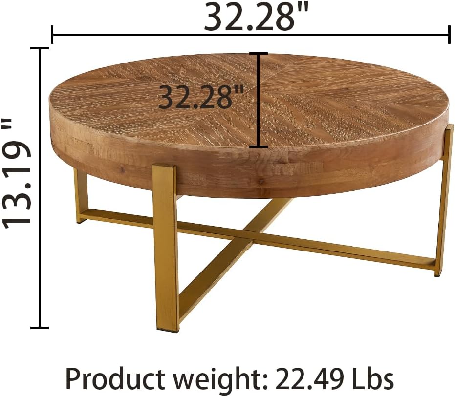 Rustic Round Wood Coffee Table with Metal Legs, Farmhouse