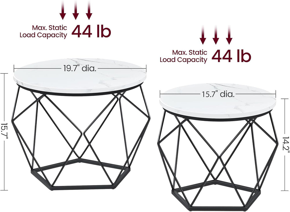 Stylish Small Coffee Table Set, Round Side Tables, Marble White Black