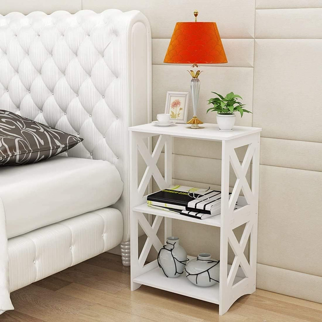 3-Tier End Table White Compact Nightstand Shelf