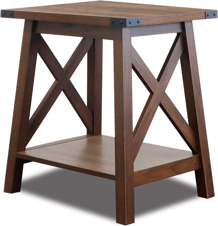 Side Table Farmhouse Accent Wood Nightstand 2-Tier Dark Walnut