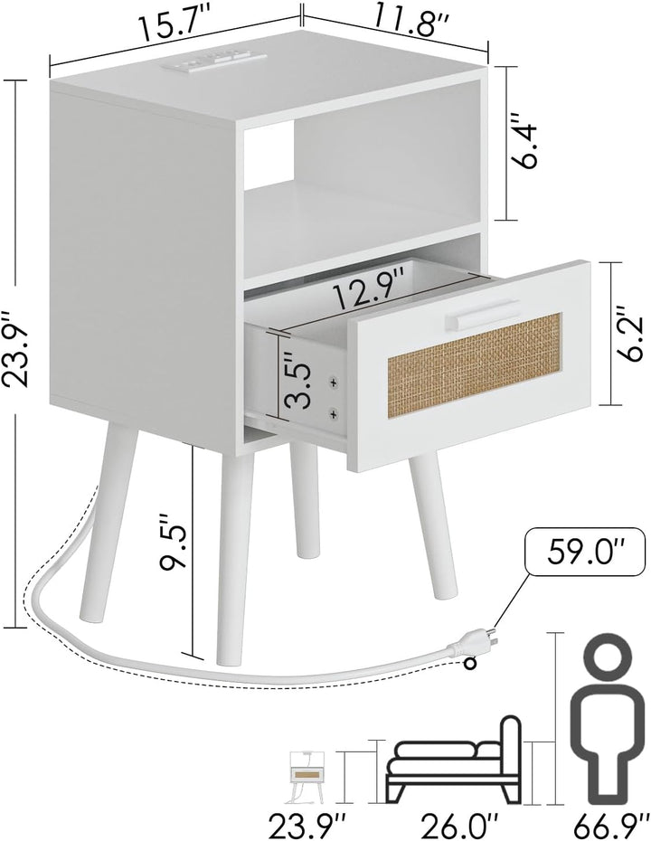 Rattan Nightstand w/ Charging Station, Storage Drawers