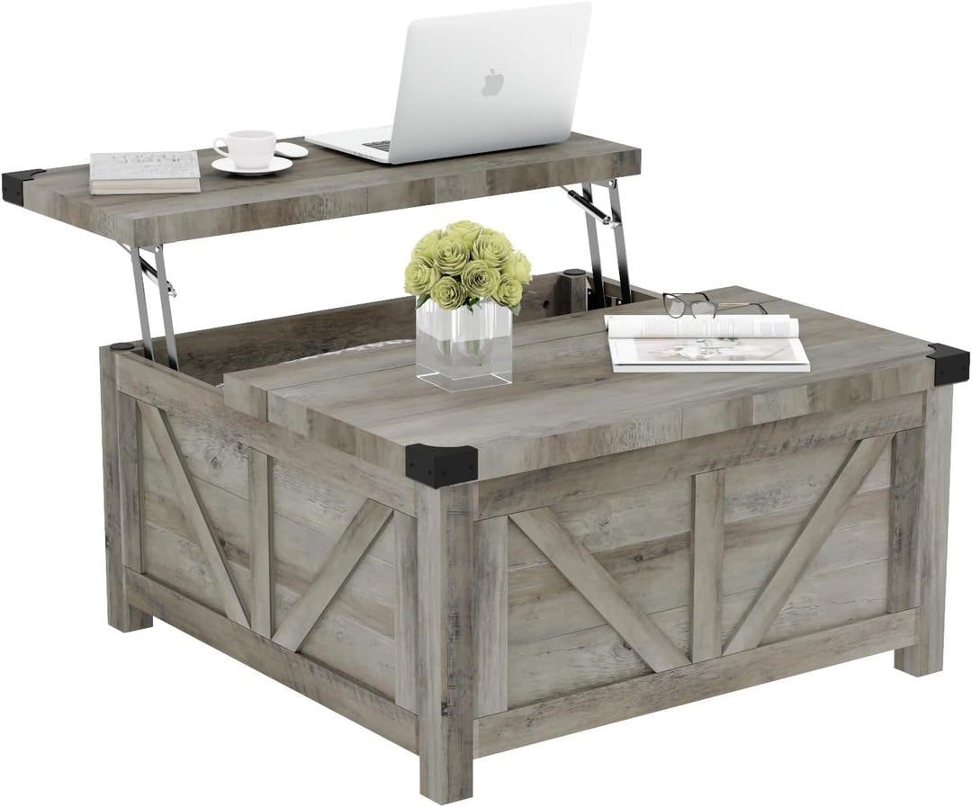 Farmhouse Lift Top Coffee Table with Storage, Wood Square Center Table with Charging Station and USB Ports, Grey