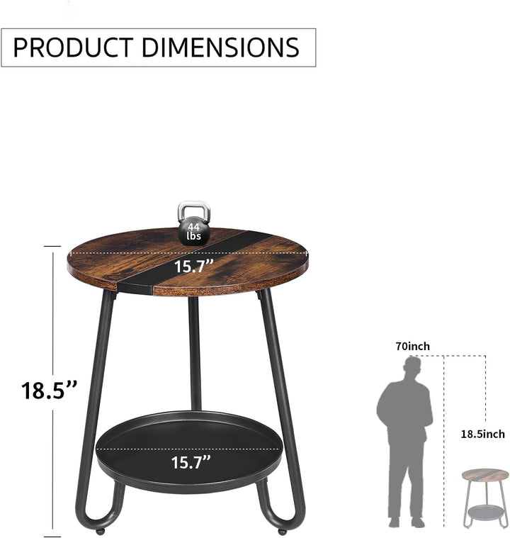 Versatile Industrial-Style Round End Table with Metal Tray, Rustic Brown