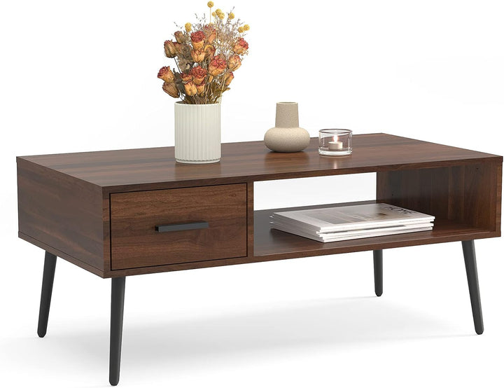 Mid-Century Modern Coffee Table with Drawer and Shelf, Walnut