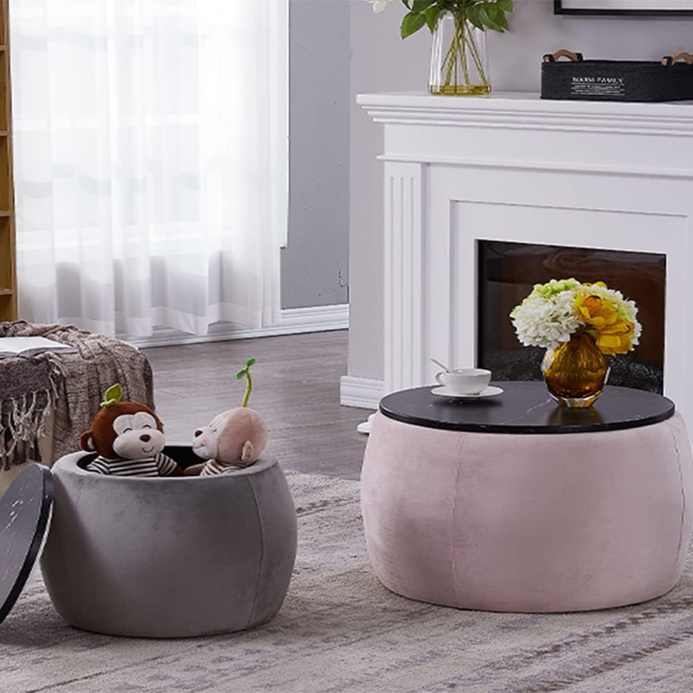 Modern Round Coffee Table with Storage, Circle Ottoman, Pink