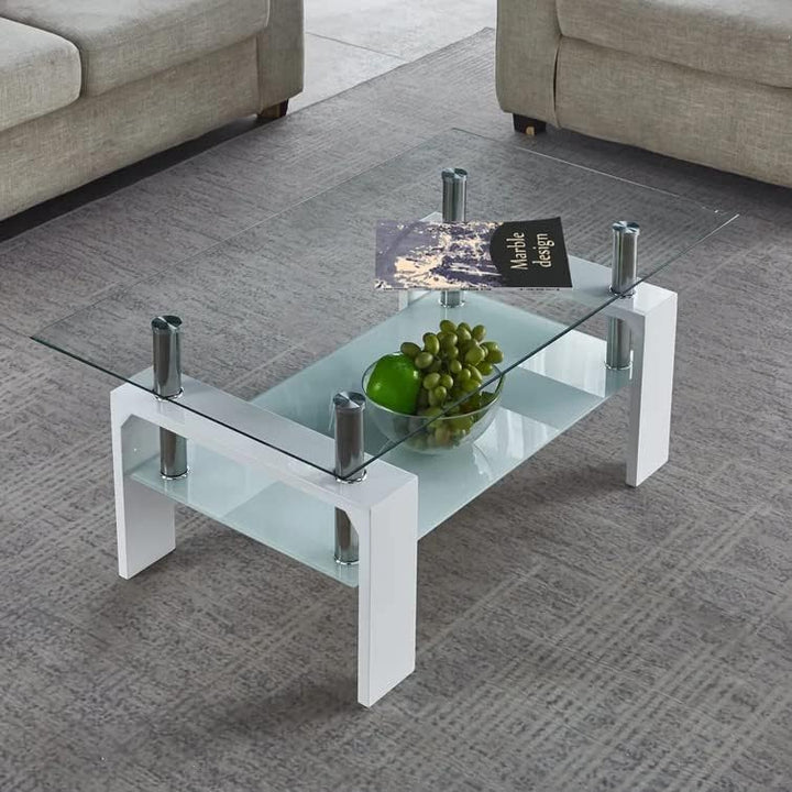 Elegant 2-Tier Glass Coffee Table, Modern Side Table, Tempered Glass