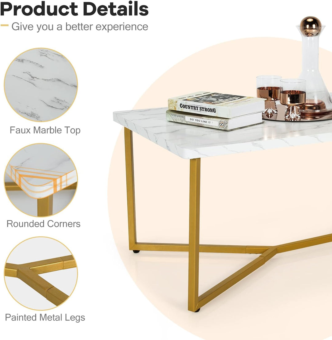 Modern Coffee Table with Faux Marble Top, Golden Legs, White, Golden