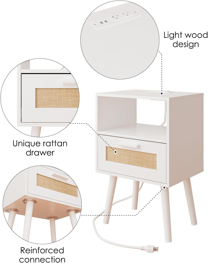 Rattan Nightstand w/ Charging Station, Storage Drawers