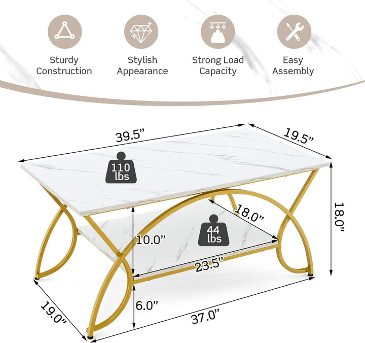 GOFLAME Modern Coffee Table, Rectangular Center Table, White Gold