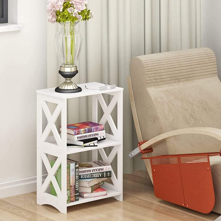 3-Tier End Table White Compact Nightstand Shelf