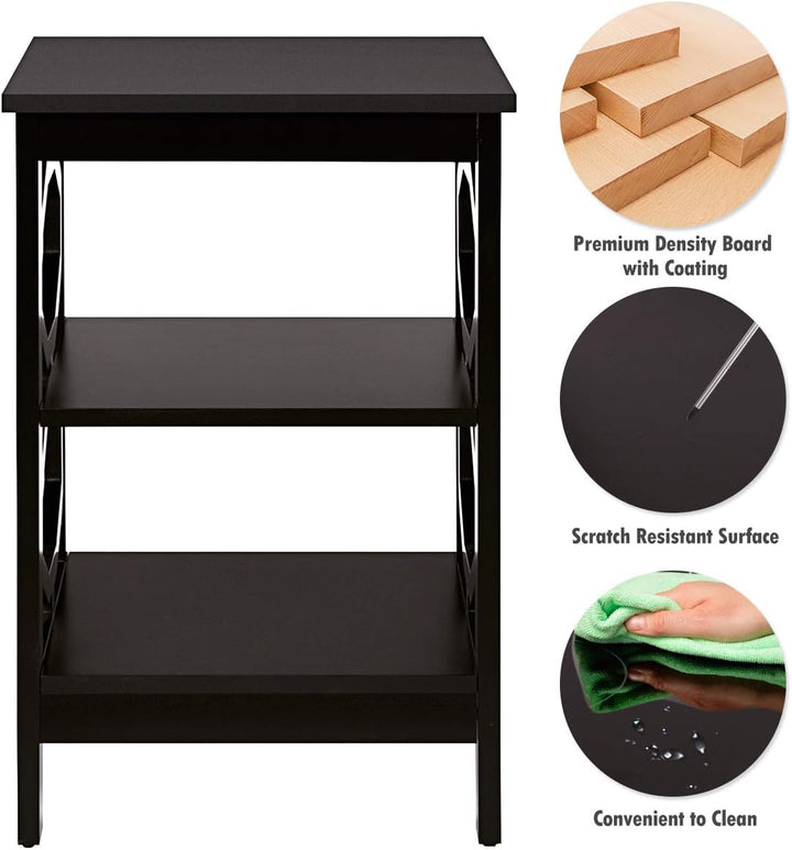 3-Tier Nightstand, Omega End Table, Storage Shelves, Espresso