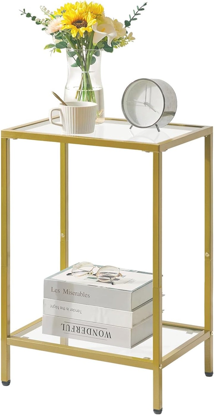 Tempered Glass Side Table, 2 Tier End Table, Gold