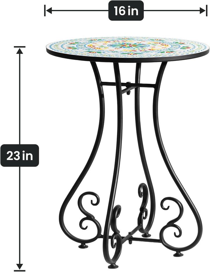 Side Table, 16" Round End Table, Unique Relief Ceramic Tile Tabletop with Metal Frame, Metal Scrollwork Accent Table