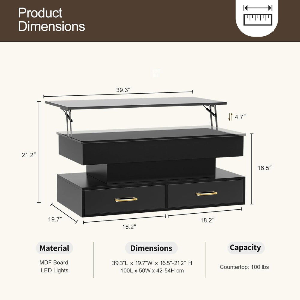 Lift Top Coffee Table with LED Lights, 2 Drawers, Black