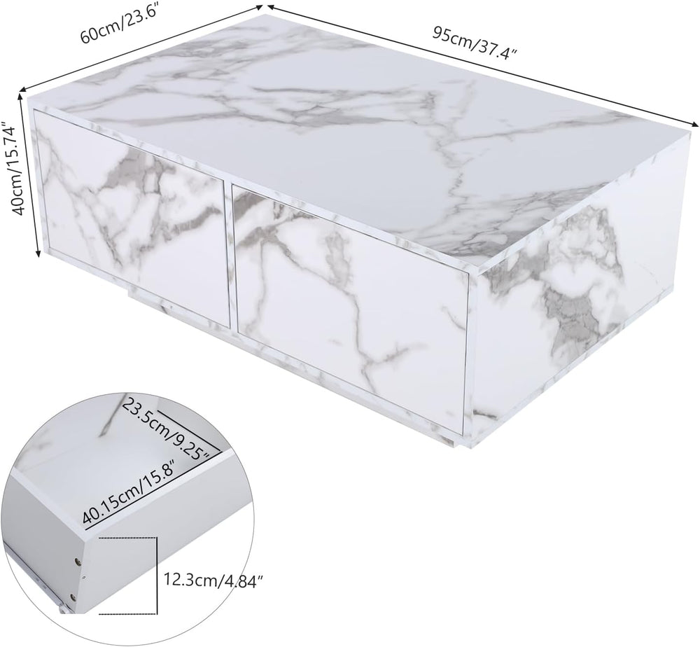 Modern High Gloss Coffee Table with LED Lighting, White Marble