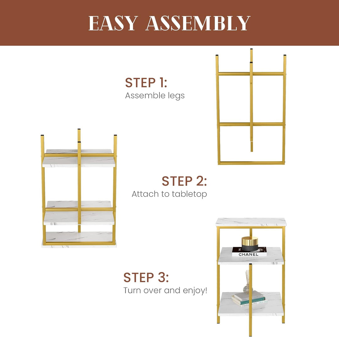 Marble Side End Table, 3-Tier Sofa Table, Accent