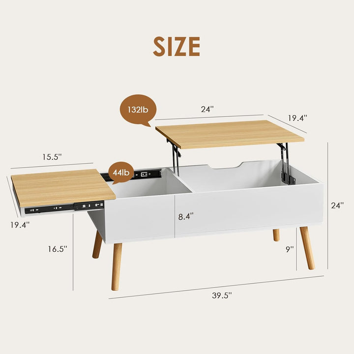 Lift Top Coffee Table, Modern Desk with Hidden Drawer, Wood, White