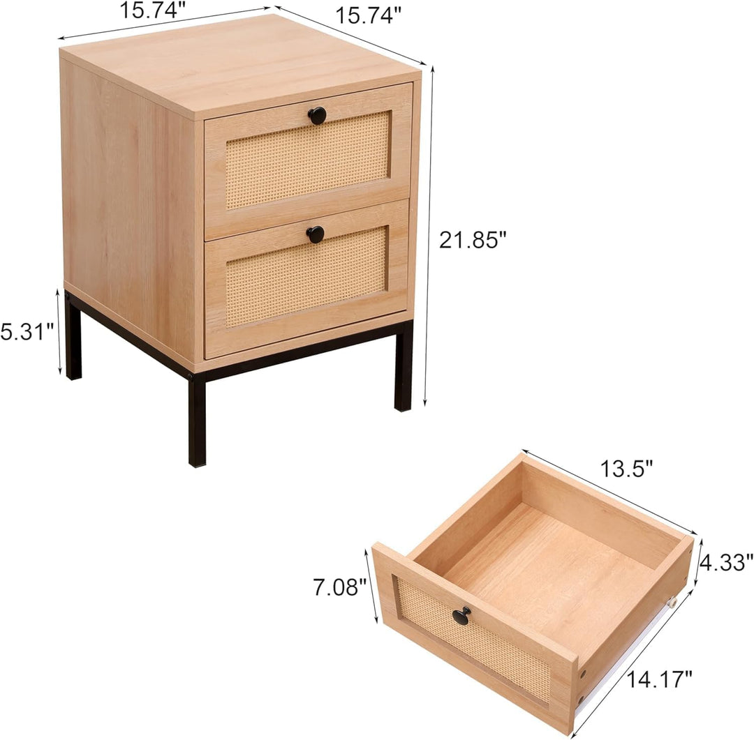 Nightstands Set of 2, Rattan Drawers, Metal Legs