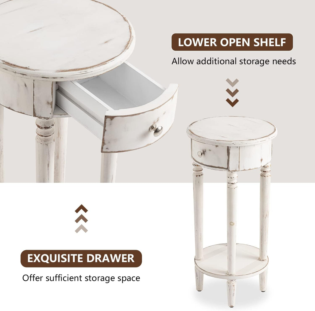 Tall End Table with Drawer Sets of 2, Round Bedside Table with Storage Shelf