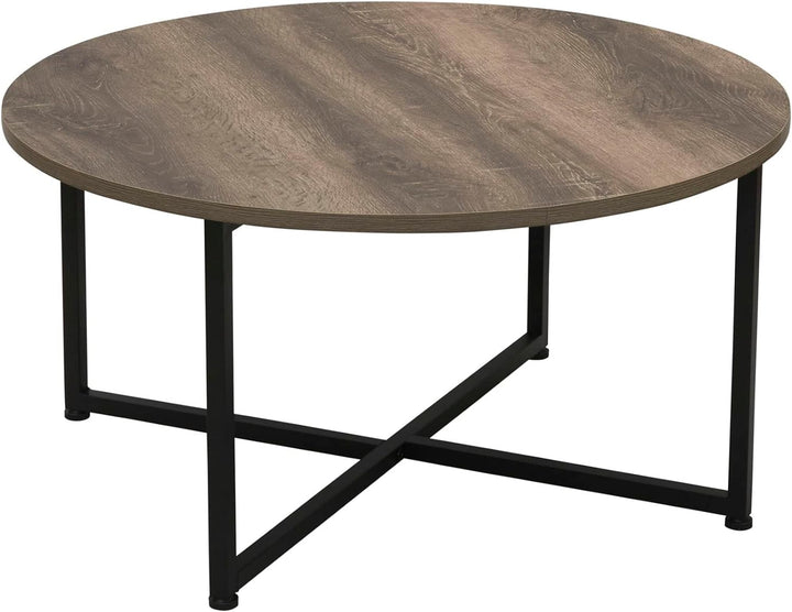 Jamestown Round Coffee Table, Rustic Wood Grain and Black Metal