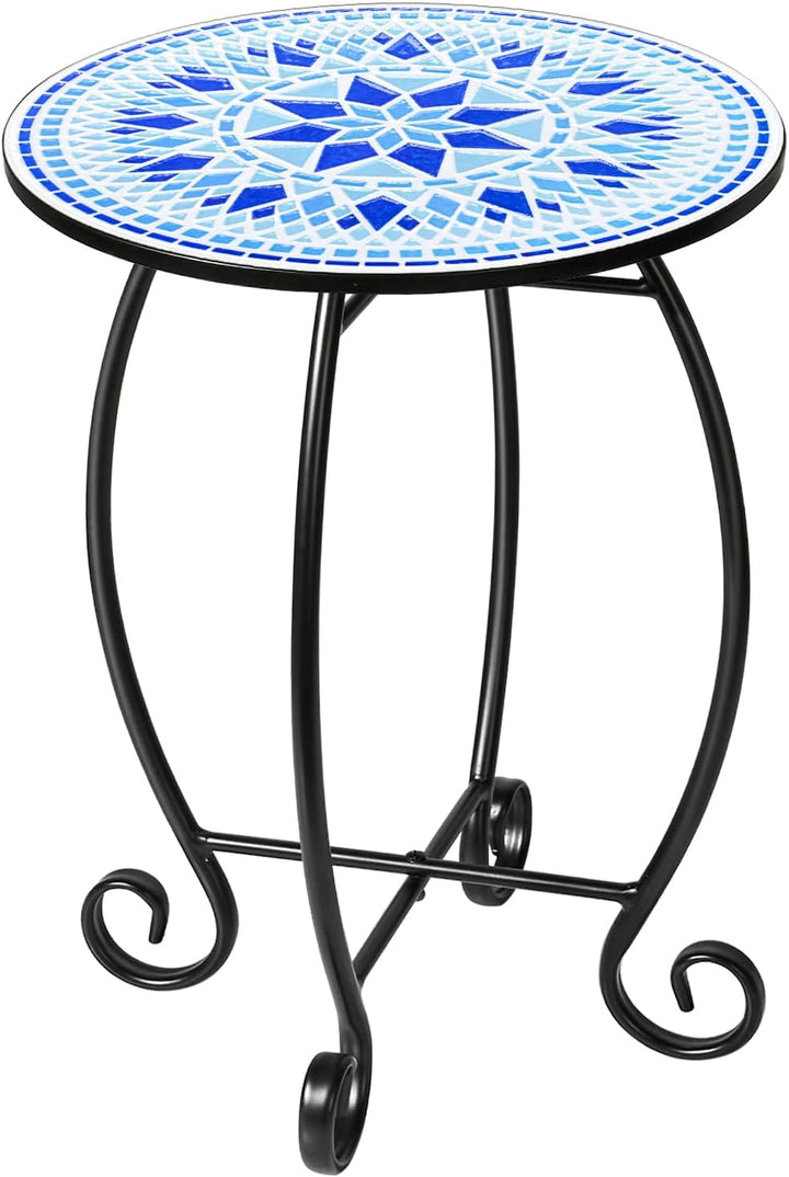 14" Round Outdoor Side Table, Metal Scrollwork Accent