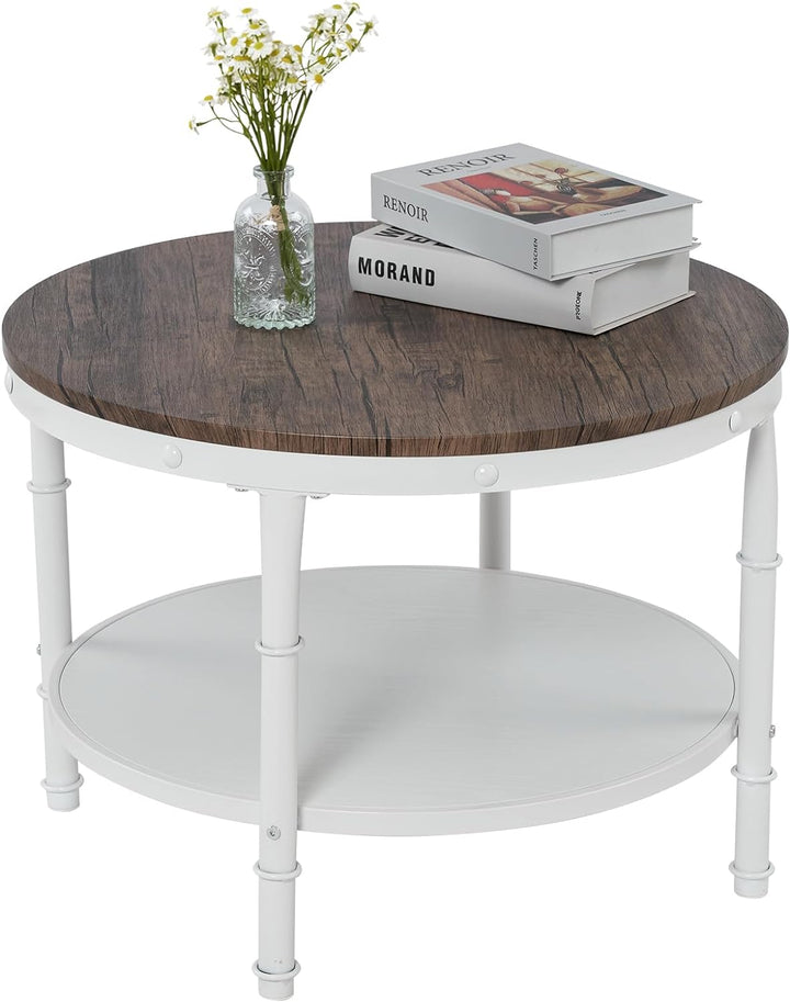 Farmhouse Coffee Table, 2-Tier Storage Wood Center Circle Accent Table, Dark Walnut White