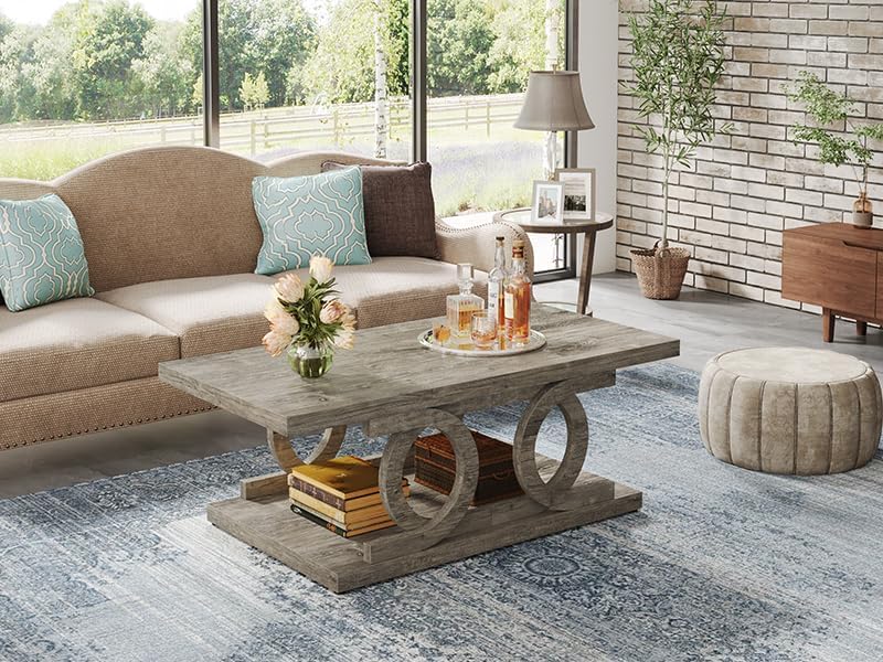 Rustic Farmhouse Coffee Table, 47-Inch Rectangular Wood, Grey