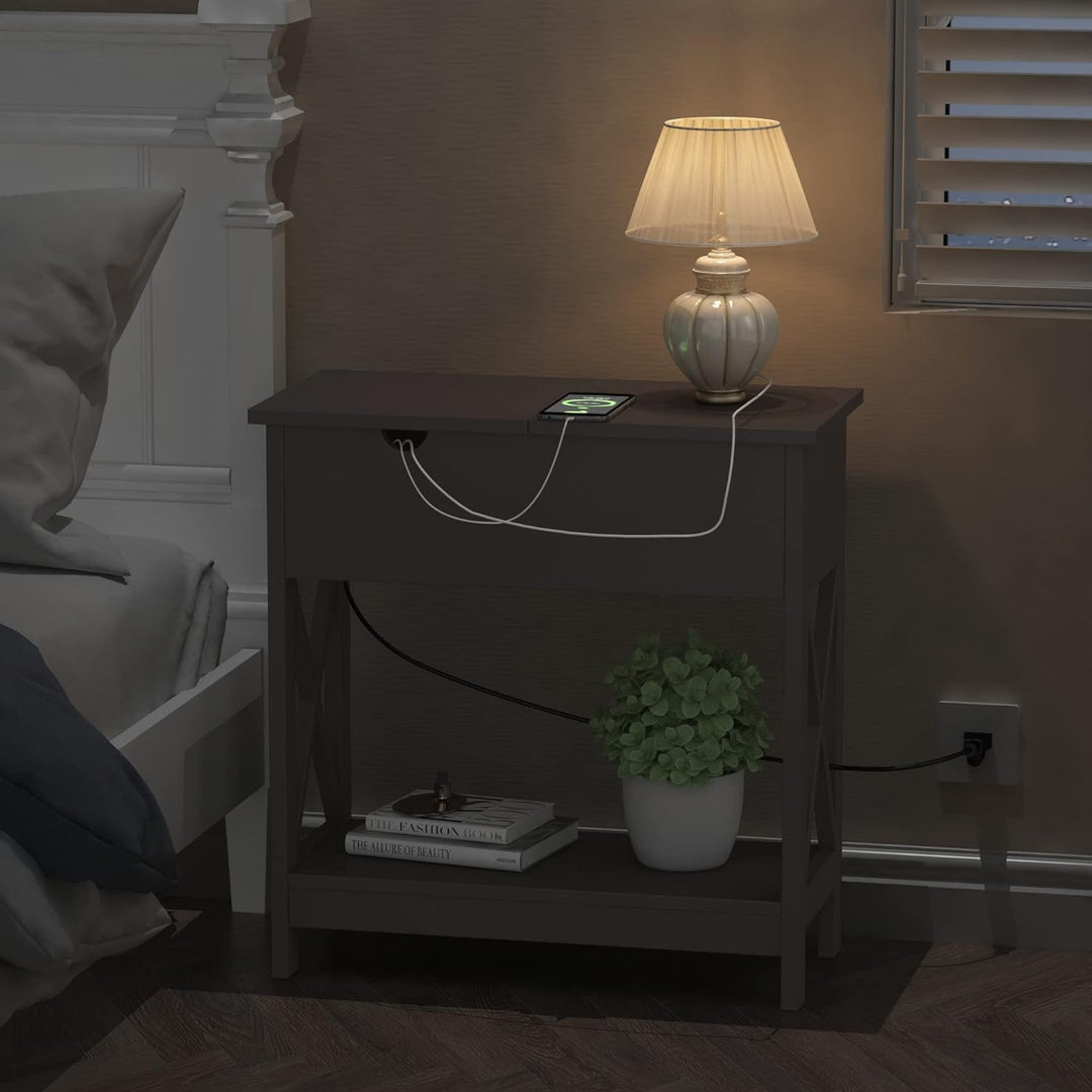 End Table w/ Charging Station, Flip Top Side Table