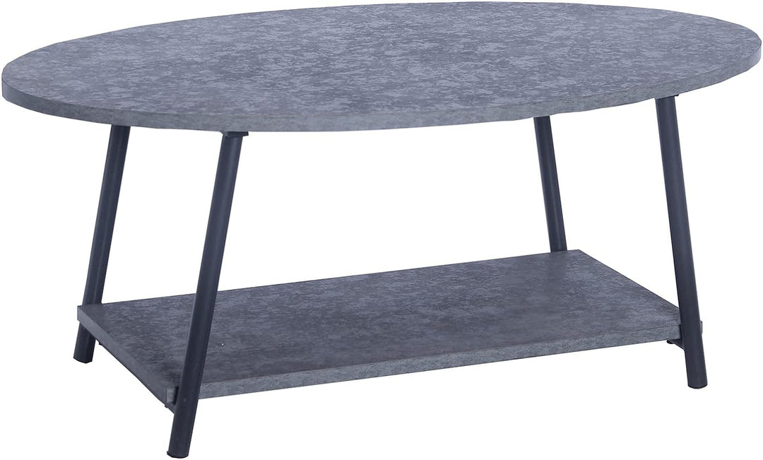 Oval Coffee Table with Storage Shelf, Rustic Slate Concrete and Black Metal, Grey