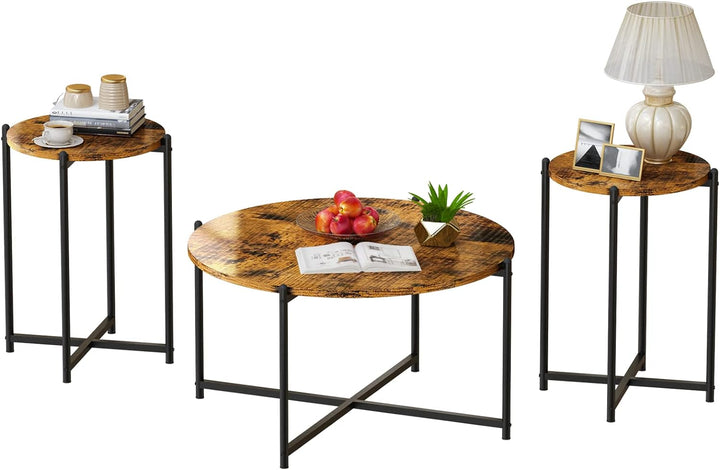 Rustic Coffee Table Set, Round Tabletop, Metal Cross Base