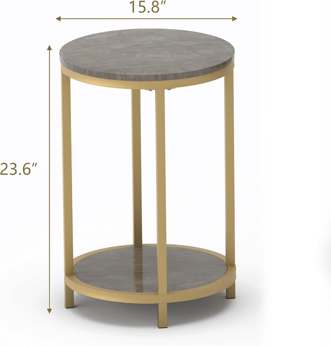 Round Side Table, Modern Nightstand End Table with Gold Metal Frame &Faux Marble Top