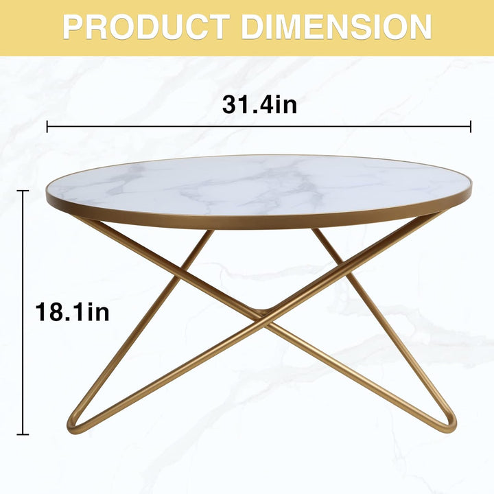 Elegant Round Coffee Table with White Marble-Look Top